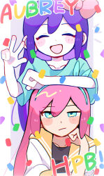 Rule 34 | 2girls, absurdres, aqua eyes, aqua hairband, aqua shirt, arm on another&#039;s head, aubrey (faraway) (omori), aubrey (headspace) (omori), aubrey (omori), black shirt, blush, border, bow, character name, closed eyes, closed mouth, collarbone, colored skin, commentary request, confetti, dual persona, english text, facing viewer, grey background, hair between eyes, hair bow, hairband, hand on own face, hand up, happy birthday, highres, hoya (pixiv id 101471793), jacket, long hair, looking at viewer, multiple girls, omori, open clothes, open jacket, open mouth, orange sailor collar, outline, outside border, pink bow, pink hair, purple hair, sailor collar, shirt, short sleeves, sidelocks, simple background, smile, upper body, w, white border, white jacket, white outline, white skin