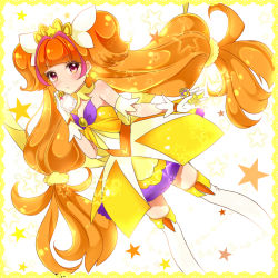 Rule 34 | 1girl, amanogawa kirara, bare shoulders, brown hair, choker, chomi (neco), cure twinkle, earrings, gloves, go! princess precure, jewelry, long hair, looking at viewer, magical girl, multicolored hair, pink eyes, precure, red hair, solo, star (symbol), star earrings, starry background, thighhighs, twintails, two-tone hair, ver, very long hair, white gloves, white thighhighs