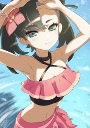 Rule 34 | 1girl, :&lt;, armpits, arms up, asymmetrical bangs, bikini, black hair, breasts, cleavage, closed mouth, collarbone, commentary request, creatures (company), earrings, flower, from above, game freak, green eyes, hair flower, hair ornament, hibiscus, jewelry, krono tokage, looking at viewer, marnie (pokemon), marnie (summer 2021) (pokemon), medium hair, navel, nintendo, official alternate costume, pokemon, pokemon masters ex, sarong, shadow, small breasts, smile, solo, sunlight, swimsuit, teeth, twintails, two side up, wading, water