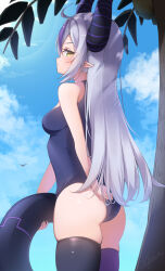 Rule 34 | 1girl, adjusting clothes, adjusting swimsuit, ahoge, artist name, ass, bare arms, bare shoulders, black thighhighs, blue one-piece swimsuit, blue sky, blush, closed mouth, commentary, demon girl, demon horns, from behind, grey hair, highres, holding, holding swim ring, hololive, horns, innertube, la+ darknesss, long hair, looking at viewer, looking back, multicolored hair, one-piece swimsuit, outdoors, pointy ears, purple hair, purple thighhighs, school swimsuit, sidelocks, skindentation, sky, solo, streaked hair, striped horns, swim ring, swimsuit, thighhighs, thighs, virtual youtuber, wedgie, xlyami, yellow eyes