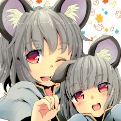 Rule 34 | animal ears, blush, grey hair, ishikkoro, looking at viewer, mouse ears, multiple girls, nazrin, open mouth, red eyes, short hair, smile, touhou