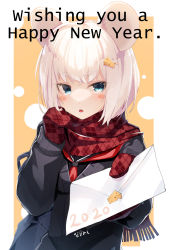Rule 34 | 1girl, 2020, animal ears, bag, black cardigan, black sailor collar, black serafuku, black shirt, blue eyes, blush stickers, cardigan, cheese, cheese hair ornament, chestnut mouth, chinese zodiac, english text, envelope, food, food-themed hair ornament, hair ornament, happy new year, highres, holding, holding envelope, letter, long sleeves, looking at viewer, meth (emethmeth), mittens, mouse ears, mouse girl, neckerchief, nengajou, new year, orange background, original, parted lips, plaid, plaid mittens, red mittens, red neckerchief, red scarf, sailor collar, scarf, school bag, school uniform, serafuku, shirt, short hair, signature, solo, teeth, thick eyebrows, two-tone background, upper body, upper teeth only, white background, white hair, year of the rat