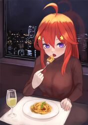 Rule 34 | 1girl, ahoge, blue eyes, breasts, cityscape, commentary request, cup, eating, food, fork, go-toubun no hanayome, gomashiwo o, hair between eyes, hair ornament, holding, holding fork, large breasts, long hair, looking at viewer, nakano itsuki, night, night sky, open mouth, pasta, plate, red hair, restaurant, sitting, sky, solo, star (symbol), star hair ornament, table, window