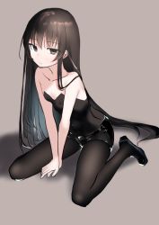 Rule 34 | 1girl, absurdly long hair, ai-assisted, black bodysuit, black eyes, black hair, bodysuit, full body, gradient background, hair between eyes, long hair, non-web source, original, self-upload, split mouth, une back, very long hair