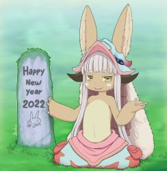 Rule 34 | 1other, 2022, :3, animal ears, blue pants, commentary, ears through headwear, english commentary, furry, grass, green eyes, grey hair, hands up, happy new year, helmet, highres, horizontal pupils, horns, kionant, looking at viewer, made in abyss, nanachi (made in abyss), new year, pants, sidelocks, signature, smile, solo, tombstone, topless
