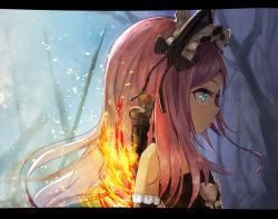Rule 34 | 1girl, animal ears, artist request, bare shoulders, blue eyes, dress, elbow gloves, elin, fire, from side, gloves, letterboxed, long hair, magic, maid headdress, outdoors, pink hair, rabbit ears, solo, strapless, strapless dress, sword, tera online, tree, upper body, weapon