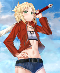 Rule 34 | 1girl, bandeau, belt, blonde hair, blue shorts, blue sky, braid, breasts, clarent (fate), cutoffs, denim, denim shorts, fate/apocrypha, fate/grand order, fate (series), green eyes, half up braid, hand on own hip, highres, jacket, jewelry, long hair, long sleeves, looking at viewer, mordred (fate), mordred (fate/apocrypha), mordred (memories at trifas) (fate), navel, necklace, open clothes, open jacket, open mouth, oyasuminasai31, parted bangs, ponytail, red jacket, short shorts, shorts, sidelocks, sky, small breasts, solo, stomach, sword, thighs, weapon