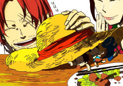 Rule 34 | 1girl, 4boys, brothers, chopsticks, east blue, food, freckles, hat, makino (one piece), mini person, miniboy, monkey d. luffy, multiple boys, one piece, plate, portgas d. ace, red hair, sabo (one piece), scar, shanks (one piece), shueisha, siblings, size difference, sketch, smile, straw hat, table