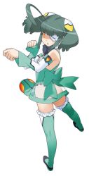Rule 34 | 1girl, :o, ahoge, black bow, black bowtie, blunt bangs, boots, bow, bowtie, detached sleeves, frilled thighhighs, frills, full body, green footwear, green hair, green theme, green thighhighs, leotard, necktie, official art, otomedius, otomedius excellent, pelvic curtain, revealing clothes, see-through, see-through skirt, simple background, skirt, solo, thighhighs, tita nium, white background, yellow eyes, yoshizaki mine