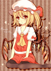Rule 34 | 1girl, :&lt;, ascot, text background, bad id, bad pixiv id, black pantyhose, blonde hair, bow, character name, english text, engrish text, female focus, flandre scarlet, hand on lap, hat, hat ribbon, highres, hinako (3817852), looking at viewer, mob cap, pantyhose, puffy sleeves, ranguage, red eyes, ribbon, shadow, short hair, short sleeves, side ponytail, sitting, skirt, solo, star (symbol), striped, striped background, touhou, vertical stripes, vest, wings, yokozuwari