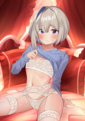 Rule 34 | 1girl, a (user zgch5357), absurdres, amane kanata, arm support, asymmetrical hair, bed, bed sheet, blue hair, blue shirt, blush, bob cut, bra, breasts, canopy bed, closed mouth, clothes lift, commentary, curtains, garter belt, garter straps, grey hair, hair over one eye, highres, hololive, indoors, lace, lace bra, lace garter belt, lace panties, lace thighhighs, lifting own clothes, long bangs, long sleeves, looking at viewer, multicolored hair, navel, on bed, panties, pillow, purple eyes, raised eyebrows, see-through bra, see-through panties, shirt, shirt lift, short hair, single hair intake, sitting, small breasts, smile, solo, sweatdrop, thighhighs, two-tone hair, underwear, virtual youtuber, wariza, white bra, white panties, white thighhighs