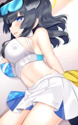 Rule 34 | 1girl, animal ears, bare shoulders, black hair, blue archive, blue eyes, blush, breasts, dog ears, dog girl, dog tail, goggles, goggles on head, hair between eyes, hibiki (blue archive), hibiki (cheer squad) (blue archive), highres, large breasts, long hair, millennium cheerleader outfit (blue archive), parted lips, pleated skirt, pom pom (cheerleading), profile, shikito (yawa0w0), skirt, solo, tail, wavy hair, white skirt