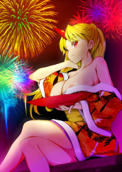 Rule 34 | 1girl, alternate hairstyle, areola slip, bare shoulders, blonde hair, blush, breasts, breasts out, crossed legs, cup, female focus, fireworks, floral print, hand in own hair, horns, hoshiguma yuugi, japanese clothes, kimono, large breasts, legs, long hair, nipple slip, nipples, no bra, off shoulder, open clothes, red eyes, reri, sakazuki, sash, saucer, single horn, sitting, smile, solo, thighs, touhou, yukata