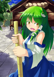 Rule 34 | 1girl, absurdres, blush, breasts, broom, detached sleeves, female focus, frog hair ornament, green hair, hair ornament, hair tubes, hamakenn, highres, kochiya sanae, long hair, open mouth, rope, shimenawa, shrine, skirt, smile, snake hair ornament, solo, touhou, tree, yellow eyes