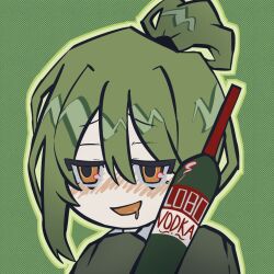 Rule 34 | 1boy, profile picture, blush, bottle, coat, coco (556ch0cl8), drooling, folded ponytail, green background, green coat, green hair, hair between eyes, halftone, halftone background, highres, holding, holding bottle, library of ruina, long hair, long sleeves, netzach (project moon), open mouth, portrait, project moon, sidelocks, sleeves past fingers, sleeves past wrists, smile, solo, very long hair, yellow eyes