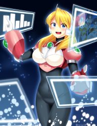 Rule 34 | 1girl, absurdres, alia (mega man), android, arm up, armor, black bodysuit, blonde hair, blue background, blue eyes, bodysuit, breasts, commentary, covered navel, cowboy shot, english commentary, fate/grand order, fate (series), gloves, green eyes, groin, hair between eyes, headset, highres, holographic monitor, index finger raised, is (kamen rider 01), kamen rider, kamen rider 01 (series), katou danzou (fate), large breasts, long hair, looking to the side, mega man (series), mega man x (series), mega man x dive, navigator, open mouth, photo (object), pink armor, reiei 8, robot ears, shoulder armor, solo, standing, teeth, twitter username, upper teeth only, white gloves