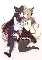 Rule 34 | 2girls, ;3, ;d, animal ears, arm around waist, bad id, bad twitter id, bag, black legwear, black ribbon, black skirt, braid, brown eyes, brown hair, cat ears, cat tail, cheek-to-cheek, collared shirt, cushion, full body, garter straps, green eyes, hair ribbon, hand on another&#039;s shoulder, heads together, high-waist skirt, holding hands, long hair, looking at another, multiple girls, no shoes, one eye closed, open mouth, original, parted lips, ribbed shirt, ribbon, shirt, side braid, sitting, skirt, smile, suspenders, swept bangs, tail, thighhighs, touzai (poppin phl95), very long hair, white background, white shirt, wing collar