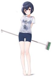 Rule 34 | 1girl, arms behind back, barefoot, bike shorts, black hair, blush, broom, clothes writing, flying sweatdrops, frown, full body, hair bun, highres, holding, holding broom, idolmaster, idolmaster shiny colors, looking at viewer, morino rinze, one-piece swimsuit, red eyes, see-through, side bun, simple background, single side bun, solo, standing, suke (momijigari), swimsuit, swimsuit under clothes, wet, wet clothes, white background