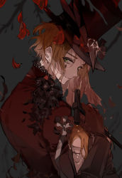 Rule 34 | 1boy, branch, cane, cater diamond, closed mouth, earrings, eyes visible through hair, gloves, goth fashion, green eyes, halloween costume, hat, holding, holding cane, jewelry, long sleeves, looking at viewer, male focus, official alternate costume, orange hair, petals, red gloves, short hair, smile, solo, suou (sdurorhr), top hat, twisted wonderland, upper body