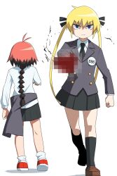 Rule 34 | 2girls, black socks, blonde hair, blood, blue eyes, braid, censored, closed mouth, clothes around waist, collared shirt, grey jacket, hair ribbon, highres, hunter x hunter, jacket, kill me baby, loafers, long hair, long sleeves, multicolored hair, multiple girls, necktie, parody, pleated skirt, red hair, ribbon, school uniform, shirt, shoes, simple background, single braid, skirt, socks, sonya (kill me baby), twintails, unused character (kill me baby), white shirt, yachima tana