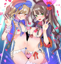 Rule 34 | 10s, 2girls, :q, ahoge, bad id, bad pixiv id, blonde hair, blush, bow, bra, breasts, brown eyes, brown hair, censored, censored nipples, crotchless, crotchless panties, cupless bra, diantha (granblue fantasy), djeeta (granblue fantasy), female pubic hair, granblue fantasy, hair bow, hairband, hand on another&#039;s ass, heart, heart censor, kimi to boku no mirai, leg between thighs, multiple girls, neck garter, open mouth, panties, petals, pubic hair, short hair, side ponytail, sketch, tajima ryuushi, thighhighs, tongue, tongue out, underwear, v, vest, wavy mouth, white legwear