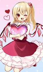 Rule 34 | 1girl, blonde hair, crystal wings, dress, fang, flandre scarlet, frills, full body, hair ornament, heart, heart hair ornament, highres, hugging object, medium hair, one eye closed, open mouth, red dress, side ponytail, skin fang, solo, touhou, yuineko