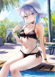 Rule 34 | 1girl, absurdres, arm support, bikini, black bikini, blue eyes, blue hair, blush, bracelet, breasts, cleavage, closed mouth, colored inner hair, commentary request, grey hair, hair between eyes, highleg, highleg bikini, highres, jewelry, looking at viewer, multicolored hair, nanashinayuzu mochi, navel, original, outdoors, palm tree, poolside, scrunchie, short hair, sitting, small breasts, solo, stomach, swimsuit, tree, two-tone hair, wrist scrunchie