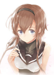Rule 34 | 10s, 1girl, asymmetrical sleeves, blue eyes, braid, breasts, brown hair, clothes writing, eyebrows, from above, guranyto, hair between eyes, hairband, kantai collection, light brown hair, long hair, looking at viewer, petals, school uniform, serafuku, short sleeves, simple background, sleeveless, solo, teruzuki (kancolle), torn clothes, torn sleeves, turtleneck, twin braids, uneven sleeves, upper body, white background