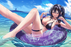 Rule 34 | 1girl, bikini, black bikini, black hair, blue hair, blue ribbon, blush, breasts, cleavage, closed mouth, commentary request, hair ornament, hair ribbon, highres, holding, holding removed eyewear, innertube, large breasts, long hair, looking at viewer, mole, mole on breast, multicolored hair, nail polish, ocean, original, outdoors, partially submerged, purple eyes, revision, ribbon, side ponytail, sideboob, silver bullet (ecc12 8), smile, solo, strap pull, streaked hair, sunglasses, swim ring, swimsuit, thigh strap, thighs, unworn eyewear, wet