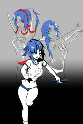 Rule 34 | 1girl, adjusting hair, alternate hairstyle, blue hair, breasts, buruma, character name, ciel (tsukihime), green eyes, gym uniform, highres, limited palette, long hair, looking at viewer, medium breasts, mouth hold, oceanbellereine, open mouth, red eyes, relay baton, solo, sportswear, stretching, tsukihime, type-moon
