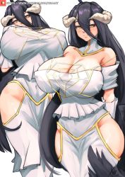 Rule 34 | 1girl, albedo (overlord), arms behind back, artist name, bare shoulders, black feathers, black hair, black wings, breasts, cleavage, demon girl, demon horns, dress, eyelashes, feathers, gloves, hair between eyes, hand on own chest, highres, hip vent, horns, huge breasts, long hair, looking at viewer, looking down, nipples, overlord (maruyama), patreon, patreon logo, simple background, smile, solo, teeth, thick thighs, thighs, tight clothes, tight dress, very long hair, watermark, web address, white background, white dress, white gloves, wide hips, wings, xhaart, yellow eyes