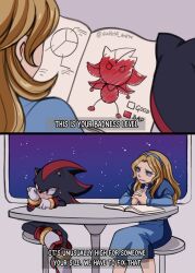 Rule 34 | 1boy, 1girl, 2koma, blonde hair, blue dress, blue eyes, comic, dress, english text, furry, furry male, gloves, hallsth-eien, headband, highres, lilo &amp; stitch, long hair, maria robotnik, multiple views, notebook, open mouth, parody, shadow the hedgehog, sitting, sonic (series), sonic adventure 2, space, table, watermark, white gloves, window