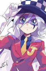 Rule 34 | 1boy, 2014, adjusting clothes, adjusting headwear, blue eyes, cape, closed mouth, commentary request, dated, formal, gloves, grey hair, hat, jacket, joker (kaitou joker), kaitou joker, male focus, mask, medu (rubish), necktie, red jacket, red suit, shirt, signature, smile, solo, suit, top hat, white gloves