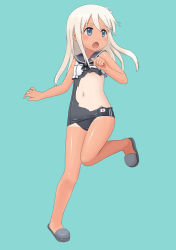 Rule 34 | 10s, 1girl, :o, aqua background, bad id, bad pixiv id, blue eyes, crop top, flower, full body, hair flower, hair ornament, kantai collection, knees together feet apart, long hair, navel, no socks, one-piece tan, open mouth, ro-500 (kancolle), school swimsuit, shoes, silver hair, simple background, slippers, solo, standing, standing on one leg, swimsuit, tan, tanline, tekitoo, torn clothes, torn swimsuit