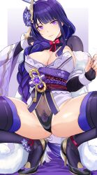 Rule 34 | 1girl, absurdres, areola slip, black footwear, blush, breasts, cleavage, closed mouth, genshin impact, hair ornament, high heels, highres, japanese clothes, kimono, large breasts, long hair, long sleeves, looking at viewer, mole, mole under eye, nail polish, navel, noise paper, purple eyes, purple hair, purple kimono, purple nails, purple thighhighs, raiden shogun, see-through, sideboob, solo, spread legs, squatting, thighhighs, thighs, wide sleeves