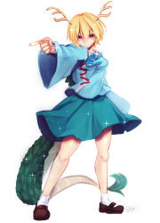 Rule 34 | 1girl, absurdres, antlers, blonde hair, blue shirt, dragon girl, dragon horns, dragon tail, highres, horns, kicchou yachie, red eyes, same tiii, shirt, short hair, square neckline, tail, touhou, turtle shell, yellow horns