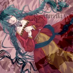 Rule 34 | 1girl, bed sheet, braid, cantarella (vocaloid), closed eyes, green hair, hands on own chest, hatsune miku, jewelry, long hair, lying, necklace, solo, twin braids, very long hair, vocaloid, yoshiichi