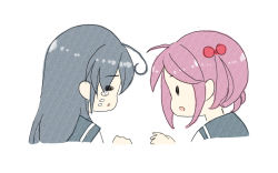 Rule 34 | 10s, 2girls, ahoge, cink-knic, crying, crying with eyes open, hair bobbles, hair ornament, kantai collection, long hair, multiple girls, open mouth, pink hair, purple hair, sazanami (kancolle), school uniform, serafuku, sweatdrop, tears, twintails, ushio (kancolle), wavy mouth