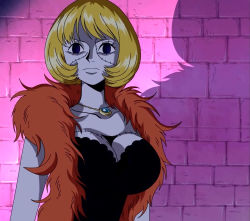 Rule 34 | 1girl, blonde hair, breasts, dress, feather boa, jewelry, large breasts, necklace, one piece, scar, screencap, solo, stitched, third-party edit, thriller bark, victoria cindry, zombie