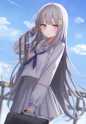 Rule 34 | 1girl, absurdres, adjusting hair, bag, blue sky, blush, briefcase, closed mouth, cloud, commentary request, day, earphones, grey hair, grey skirt, hair ornament, hand in own hair, highres, holding, holding bag, long hair, long sleeves, looking at viewer, neckerchief, original, outdoors, pantyhose, purple eyes, purple neckerchief, sailor collar, school briefcase, school uniform, serafuku, skirt, sky, solo, standing, tanshio, very long hair, white sailor collar, white serafuku, x hair ornament