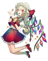 Rule 34 | 1girl, :d, ascot, bow, clenched hand, fang, flandre scarlet, frills, full body, gem, glint, gradient hair, hair between eyes, hat, hat ribbon, highres, jewelry, jumping, loalo, long hair, looking at viewer, mary janes, mob cap, multicolored hair, nail polish, one side up, open mouth, puffy short sleeves, puffy sleeves, red bow, red footwear, red gemstone, red nails, red ribbon, red shirt, red skirt, red vest, ribbon, shirt, shoes, short sleeves, silver hair, simple background, skirt, skirt set, smile, socks, solo, touhou, transparent background, vampire, vest, white background, white shirt, white socks, wings, wrist cuffs