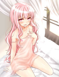 Rule 34 | &gt;:o, 1girl, :o, bed sheet, blush, curtains, hand on own chest, harino646, lingerie, long hair, looking at viewer, louise francoise le blanc de la valliere, negligee, open mouth, pink eyes, pink hair, see-through, sitting, solo, strap slip, underwear, v-shaped eyebrows, wariza, wavy mouth, window, zero no tsukaima