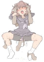 Rule 34 | 1girl, ahegao, bike shorts, blush, borrowed character, brown eyes, brown hair, crotch cutout, dildo, disembodied limb, highres, long sleeves, messy hair, no panties, object insertion, open mouth, original, pale color, pleated skirt, pussy, pussy juice, restrained, sakifox, school uniform, serafuku, sex toy, shorts, shorts under skirt, simple background, skirt, socks, solo focus, spread legs, sweat, tongue, tongue out, torn clothes, tsujimura kimio, uncensored, vaginal, vaginal object insertion, white background