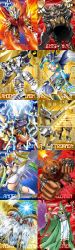 Rule 34 | absurdres, ancientbeatmon, ancientgarurumon, ancientgreymon, ancientirismon, ancientmegatheriumon, ancientmermaimon, ancientsphinxmon, ancienttroiamon, ancientvolcamon, ancientwisemon, cannon, claws, digimon, digimon (creature), dual wielding, electricity, fire, highres, holding, horns, kicking, mirror, official art, polearm, red eyes, ten legendary warriors, trident, weapon, wood, yellow eyes