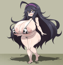 Rule 34 | 1girl, @ @, a-pose, absurdres, ahoge, animal print, areola slip, bikini, black hair, breasts, cameltoe, covered erect nipples, cow print, cow print bikini, creatures (company), dot nose, female focus, full body, game freak, gigantic breasts, hair between eyes, hex maniac (pokemon), highres, huge breasts, large areolae, micro bikini, nintendo, open mouth, pale skin, pokemon, pokemon xy, print bikini, puffy sleeves, purple eyes, regls, shaded face, shadow, shortstack, smile, solo, standing, swimsuit, thick thighs, thighs, wide hips