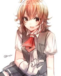 Rule 34 | 10s, 1girl, ahoge, arashi (kancolle), bad id, bad pixiv id, blouse, gloves, hair between eyes, kantai collection, kerchief, looking at viewer, messy hair, open mouth, pleated skirt, red eyes, red hair, school uniform, shirt, short hair, short sleeves, simple background, sitting, skirt, smile, solo, sugino (patrassyar), twitter username, vest, white background, white gloves