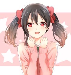 Rule 34 | 1girl, artist name, bad id, bad pixiv id, black hair, blush, bow, eileen (artist), hair bow, looking at viewer, love live!, love live! school idol project, parted lips, pink background, red bow, red eyes, school uniform, short hair, short twintails, smile, solo, twintails, upper body, yazawa nico