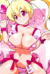 Rule 34 | 1girl, adapted costume, areola slip, bikini, blonde hair, bow, breasts, choker, cleavage, closed mouth, collarbone, commentary request, cowboy shot, cure peach, earrings, fresh precure!, hair between eyes, hair ornament, heart, heart earrings, heart hair ornament, jewelry, large breasts, legs apart, light particles, long hair, looking at viewer, magical girl, microskirt, momozono love, navel, pink background, pink bow, pink eyes, pink neckwear, pink skirt, pink theme, precure, ryuuta (cure ryuuta), shiny skin, skirt, smile, solo, sparkle, standing, striped bikini, striped clothes, swimsuit, twintails
