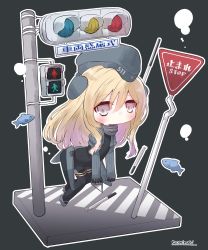 Rule 34 | 1girl, absurdres, black background, blonde hair, blush, chibi, cropped jacket, fish, full body, garrison cap, grey eyes, hat, highres, jacket, kantai collection, long hair, momimaki, pedestrian lights, rigging, road sign, sign, signature, simple background, solo, stop sign, swimsuit, torpedo, traffic light, u-511 (kancolle)