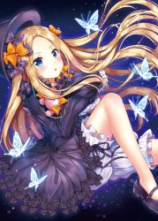 Rule 34 | 1girl, :o, abigail williams (fate), black bow, black dress, black footwear, black hat, blonde hair, bloomers, blue eyes, blush, bow, bug, butterfly, commentary request, dress, fate/grand order, fate (series), forehead, hair bow, hat, hugging object, insect, long hair, long sleeves, looking at viewer, mary janes, orange bow, parted bangs, parted lips, polka dot, polka dot bow, sakura moyon, shoes, sleeves past fingers, sleeves past wrists, solo, stuffed animal, stuffed toy, teddy bear, underwear, very long hair, white bloomers